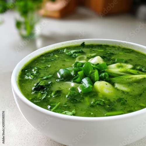 Fresh Green Soup With Herbs and Vegetables Served in Black Bowls on a Kitchen...