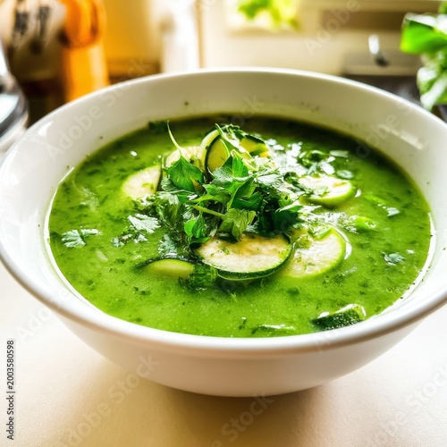 Fresh Green Soup With Cucumber Slices and Herbs in a Bowl on Kitchen Counter