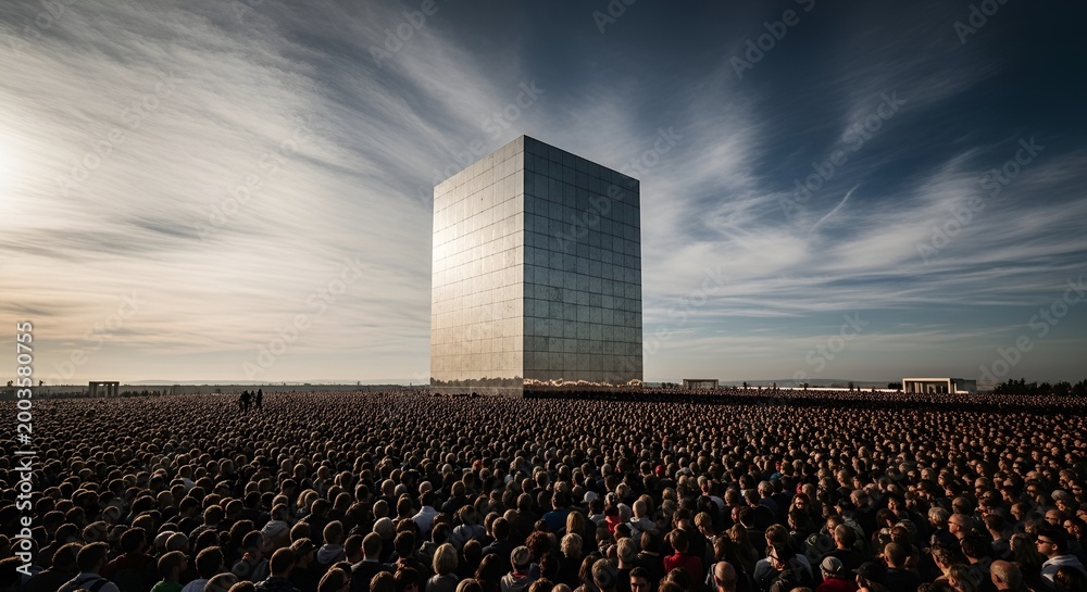 Fototapeta premium Massive Crowd Gathered Before Giant Reflective Cube Structure Under Dramatic Sky