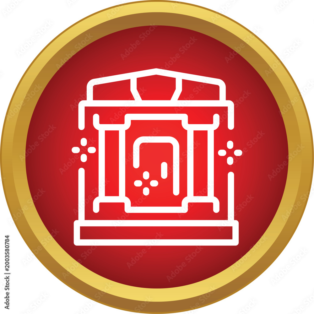 Fototapeta premium Neoclassical building icon in white line art on a red and gold circular background