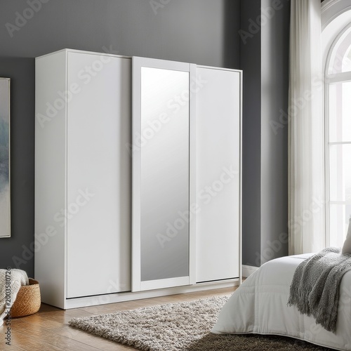 Modern White Wardrobe With Mirror in a Bright Bedroom With Natural Light