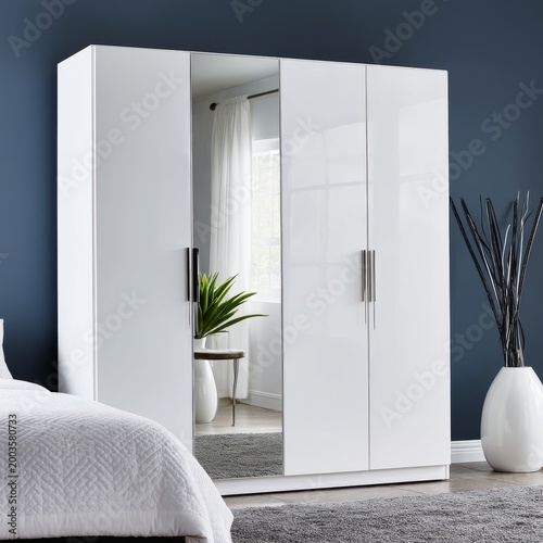 Modern White Wardrobe With Mirror in a Bright Bedroom With Natural Light