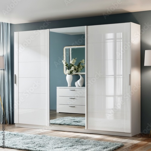 Modern Furniture Arrangement in a Stylish Home Interior With a Mirror Wardrob...