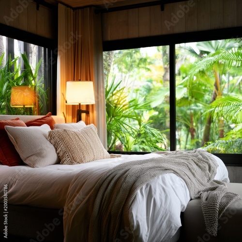 Cozy Room With a Bed and Plants Visible Through Large Windows in a Tropical S...
