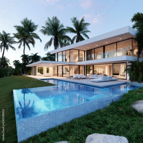 Modern House With Pool and Palm Trees at Sunset in a Tropical Location