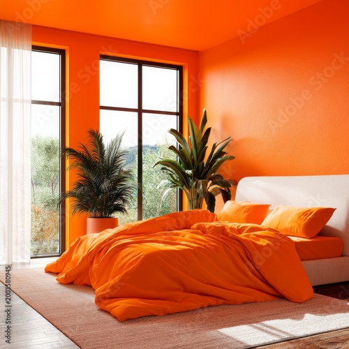 Bright Orange Bedroom With Modern Design and Large Windows Showcasing Greener...