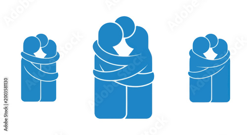 Embrace icons, love symbol, togetherness, partnership, blue figures hugging on white background