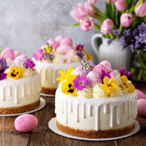 Colorful Spring Cakes With Flowers and Eggs on a Wooden Table Near Pink Tulips