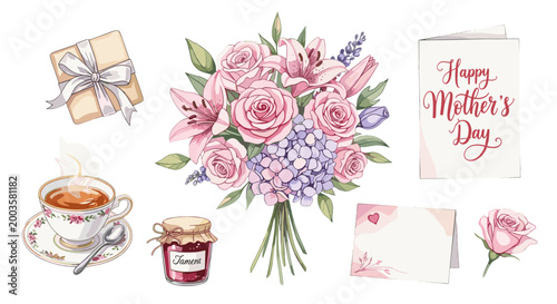 Mothers day floral bouquet with gifts and greeting card