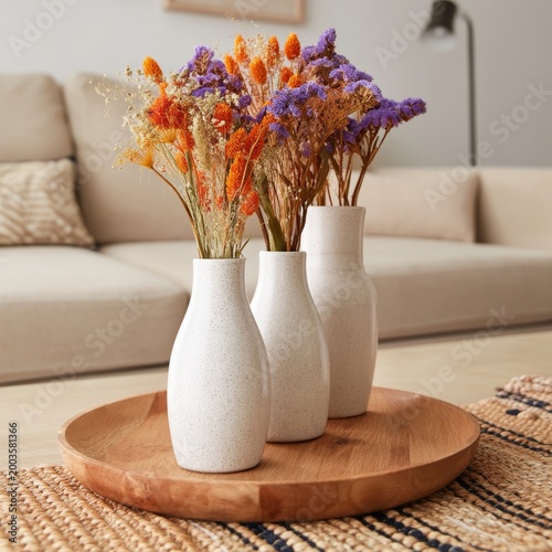 Vases With Dried Flowers Arranged on a Wooden Tray in a Living Room Setting