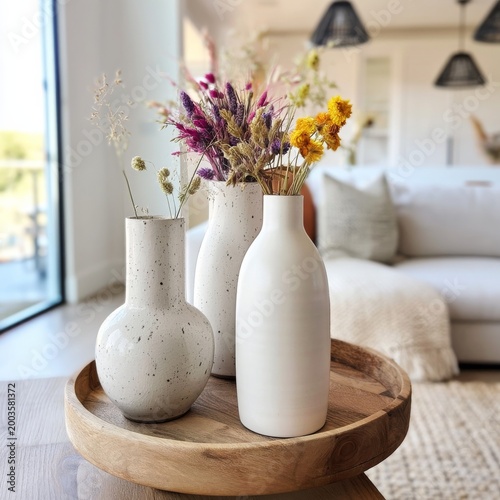 Vases With Dried Flowers Arranged on a Wooden Tray in a Living Room Setting