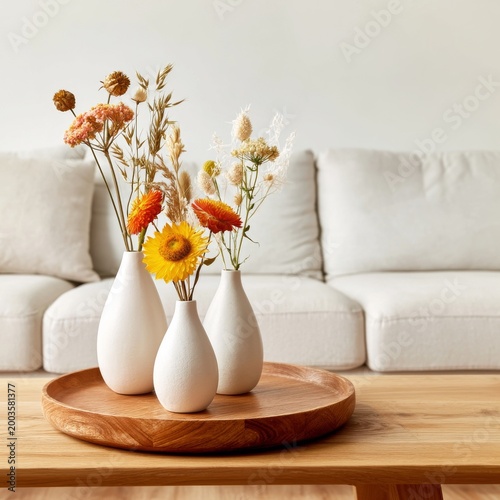 Fresh Flowers in Vases Placed on a Wooden Tray on a Table in a Bright Living ...