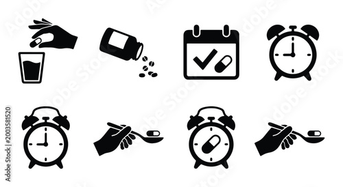 Schilderij op canvas Medication Schedule Icons: Pill Reminder, Dosage, Calendar, Alarm Clock, Healthc
