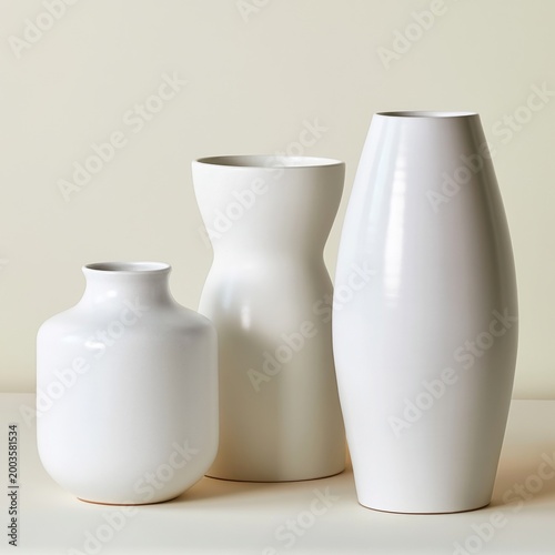 Three White Vases of Different Shapes Arranged on a Surface Against a Plain B...