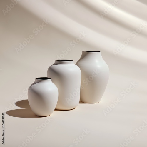 Three Simple White Vases Arranged on a Light Background With Soft Shadows in ...
