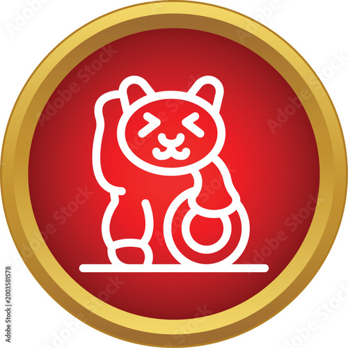 White maneki neko icon on red background with gold border