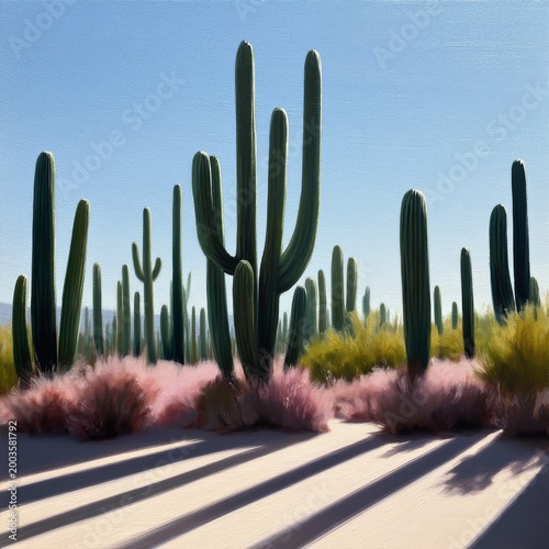 Cactus Garden Under Clear Sky With Tall Plants and Sandy Path in Sunny Weathe...