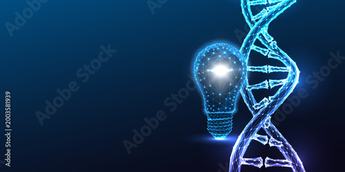 DNA helix and light bulb, idea concept. Genetic innovation, creativity science technology vector