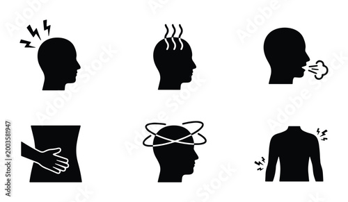 Medical symptoms icon set, black silhouette human pain and sickness symbols, headache and dizziness vector illustrations, fever and respiratory illness signs