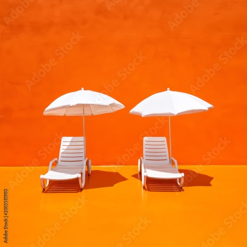 Two White Lounge Chairs With Umbrellas on Orange Ground in Bright Sunlight at...