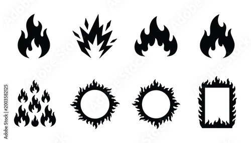 Black fire flame silhouette icons, set of 8 vector bonfire and blaze symbols, minimalist burning heat shapes and flaming frames for logo design