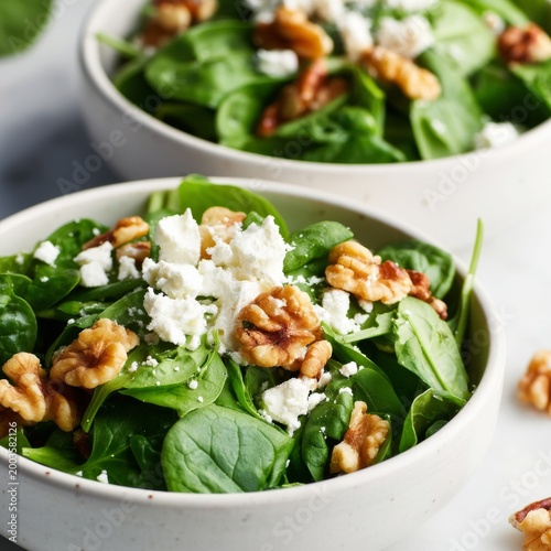 Fresh Salad With Spinach, Walnuts, and Cheese on a White Table