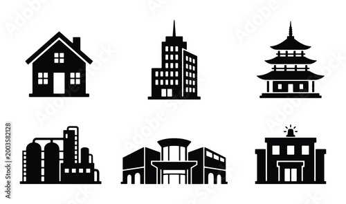 Minimalist building icons set, black silhouette architecture symbols, 6 vector elements including house office pagoda factory mall and police station