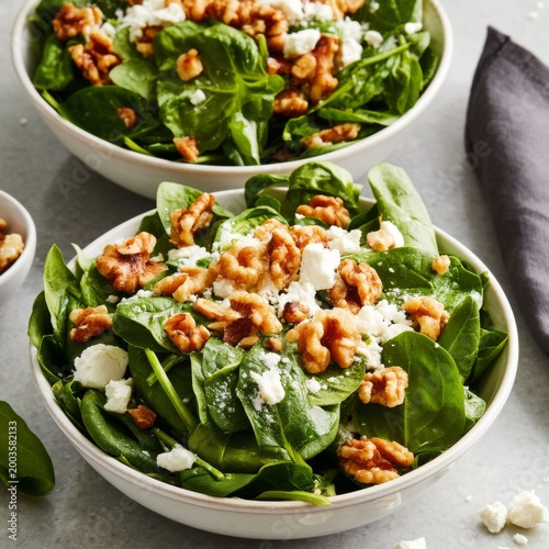 Salad With Spinach, Walnuts, and Cheese Served in Bowls on a Table During Midday
