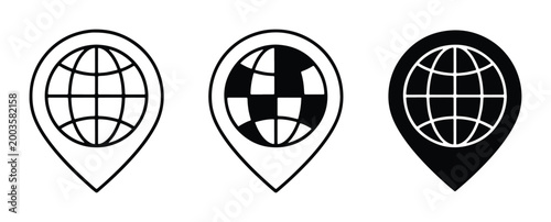 Global location pin icons set, world map pointer symbols in black and white, 3 vector globe map markers for navigation and travel apps