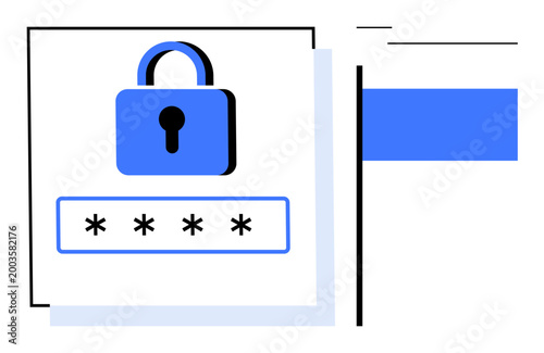 Cybersecurity, data encryption, access control, online authentication, password protection, network security. A lock icon above a password entry field. Cybersecurity and data encryption concept