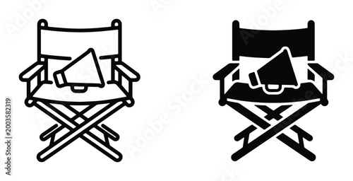 Director chair icon set with megaphone, movie production symbols in outline and solid styles, film industry equipment vector graphics