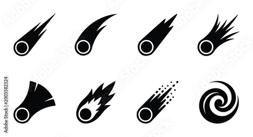 Meteor and Comet Icon Set, Black Silhouette Falling Asteroid Vector Graphics, 8 Celestial Space Elements for Science and Astronomy Design