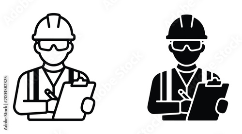 Construction worker icon set, industrial engineer with hard hat and clipboard vector, safety inspector line and glyph avatar for site management