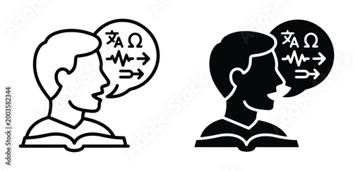 Language translation icons, person speaking with speech bubble and foreign characters, linguistics and education vector set, black and white line art