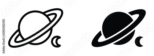 Minimalist Saturn planet icons, black celestial vector set with rings and moon, simple astronomy symbols for science education and web design