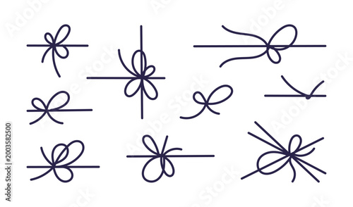 Set of elegant ribbon bows and decorative string knots, thin line twine and loop ties for gift box wrapping, festive packaging, wedding cards and craft design elements, hand drawn vector illustration.