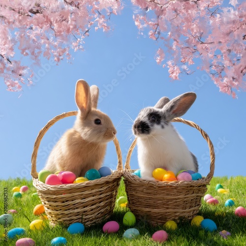 Bunnies Sit in Baskets With Colorful Eggs Under Cherry Blossoms on a Sunny Day