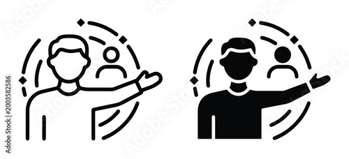 Minimalist referral program icon set, black line and solid vector avatars for customer loyalty, business networking and affiliate marketing graphics