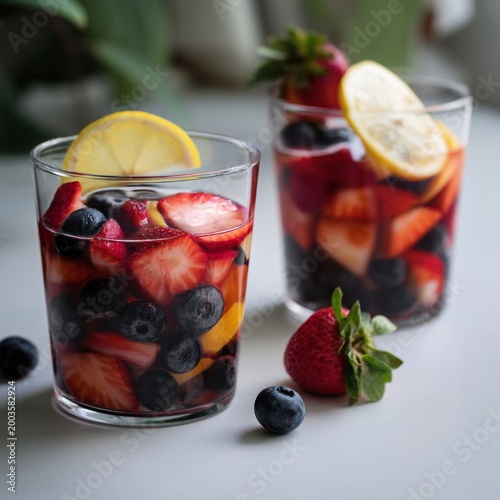 Fresh Fruit Drinks With Lemon Slices Served in Clear Glasses on a Table With ...