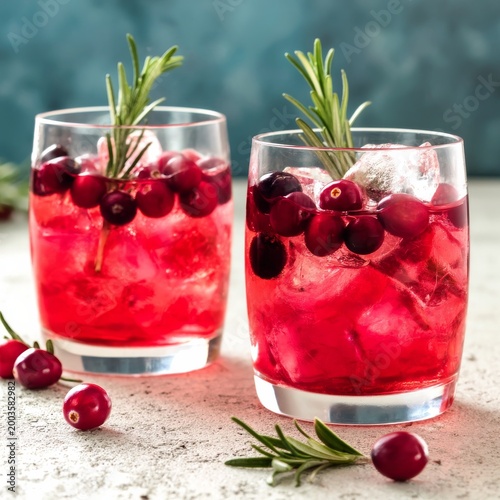 Cranberry Drinks Served With Ice and Fresh Herbs in Clear Glasses on a Simple...
