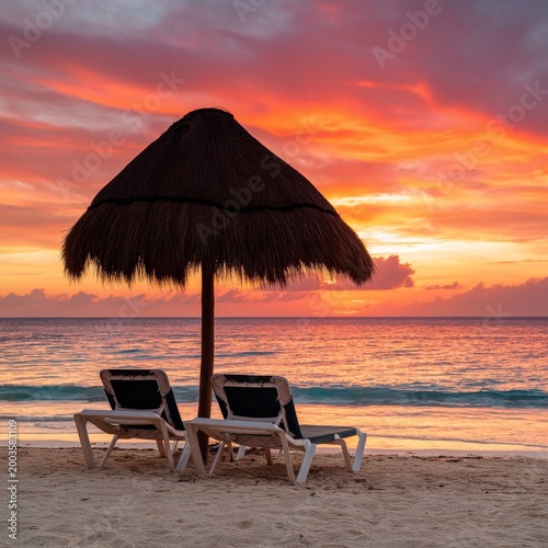 Sunset View From Beach With Chairs and Umbrella in a Coastal Area