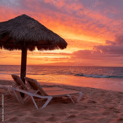 Sunset View From Beach With Chairs and Umbrella in a Coastal Area