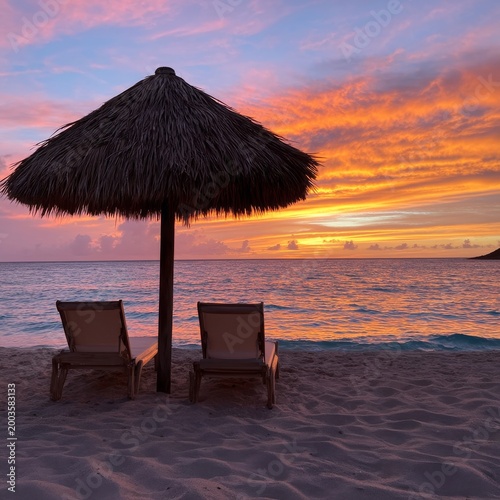 Beach Scene With Sun Setting Over the Ocean and Two Lounge Chairs Under a Par...