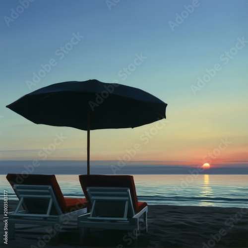 Sunset Over the Ocean With Lounge Chairs on the Beach and an Umbrella in the ...