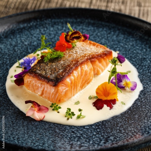 Fresh Salmon Fillet Served on a Plate With Cream Sauce and Edible Flowers