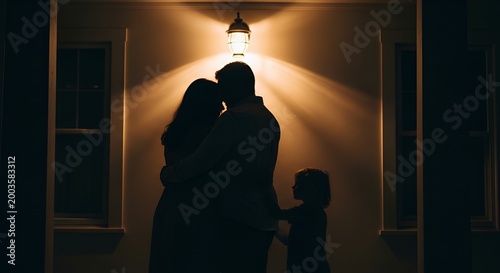 Family Silhouette Embracing Under Outdoor Lamp at Night