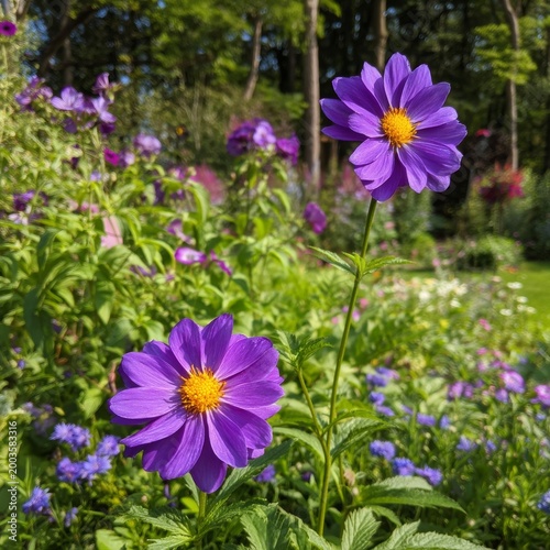Purple Flowers Bloom in a Garden During Spring Sunlight Around Midday