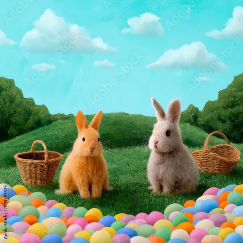 Bunnies Sit in a Field With Baskets and Colorful Eggs During a Spring Celebra...
