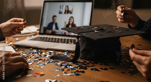 Virtual Graduation Celebration: Friends Connect Online with Laptop & Confetti