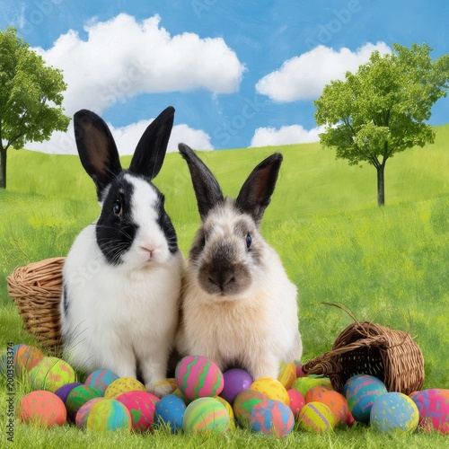 Rabbits Sit With Colorful Eggs on Green Grass Under a Blue Sky With Clouds an...